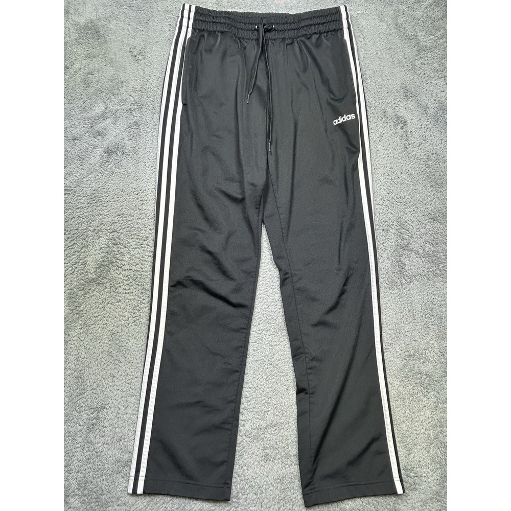 Adidas Essentials Tricot Track Pants Women's L Black 3 Stripes Open Hem Run EUC